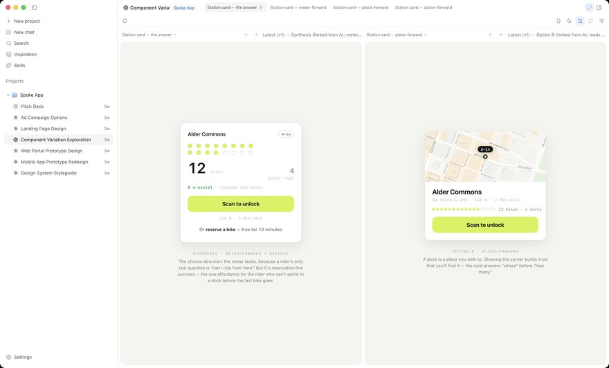 DesignEx comparing two variants of the same station card side by side, each under its own revision header: on the left the pinned synthesis, which leads with the dock meter and keeps a reserve-a-bike line, and on the right option B, which leads with a map of the corner. A note beneath each states the argument it makes.
