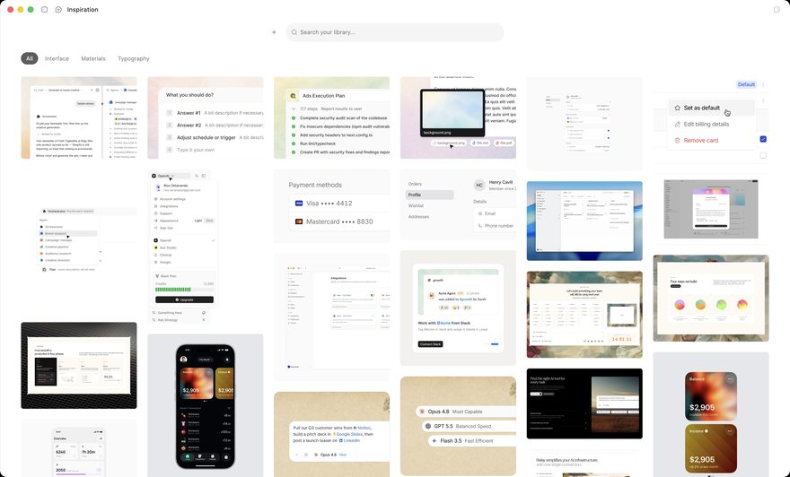 The DesignEx inspiration library: a search field over a dense board of saved reference screenshots, filtered by Interface, Materials, and Typography.