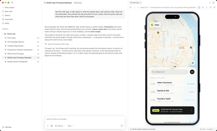 DesignEx reviewing a mobile prototype: the thread on the left explains the rider app's full ride path, and the workbench on the right renders it on a phone, over a conformance strip reporting 36 off-system values to reconcile.