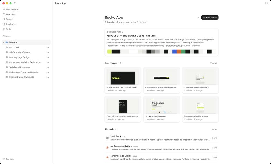 The DesignEx project page for a bike-share project called Spoke: a design-system band naming Groupset and showing its token strip, a grid of twelve prototype previews, and a list of seven threads.