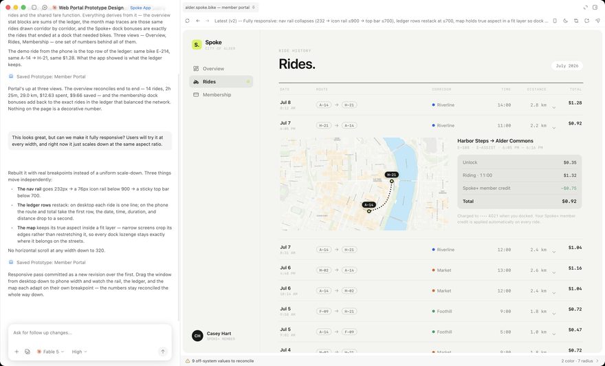 DesignEx reviewing a web prototype: the thread on the left records a request to make the portal fully responsive, and the workbench renders the member portal's ride ledger with a route map and an itemised fare receipt.